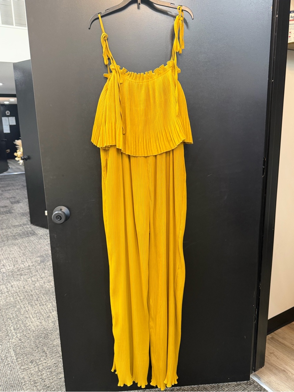 MABLE Mustard Yellow Pleated Jumpsuit with Ruffle Trim